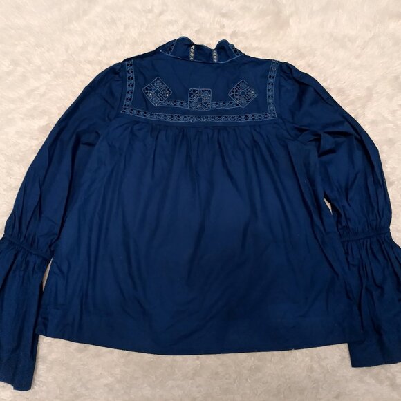 Free People Women Teal Blue Another Eternity Crochet Mock Neck Bell Sleeve Top M - Picture 3 of 8